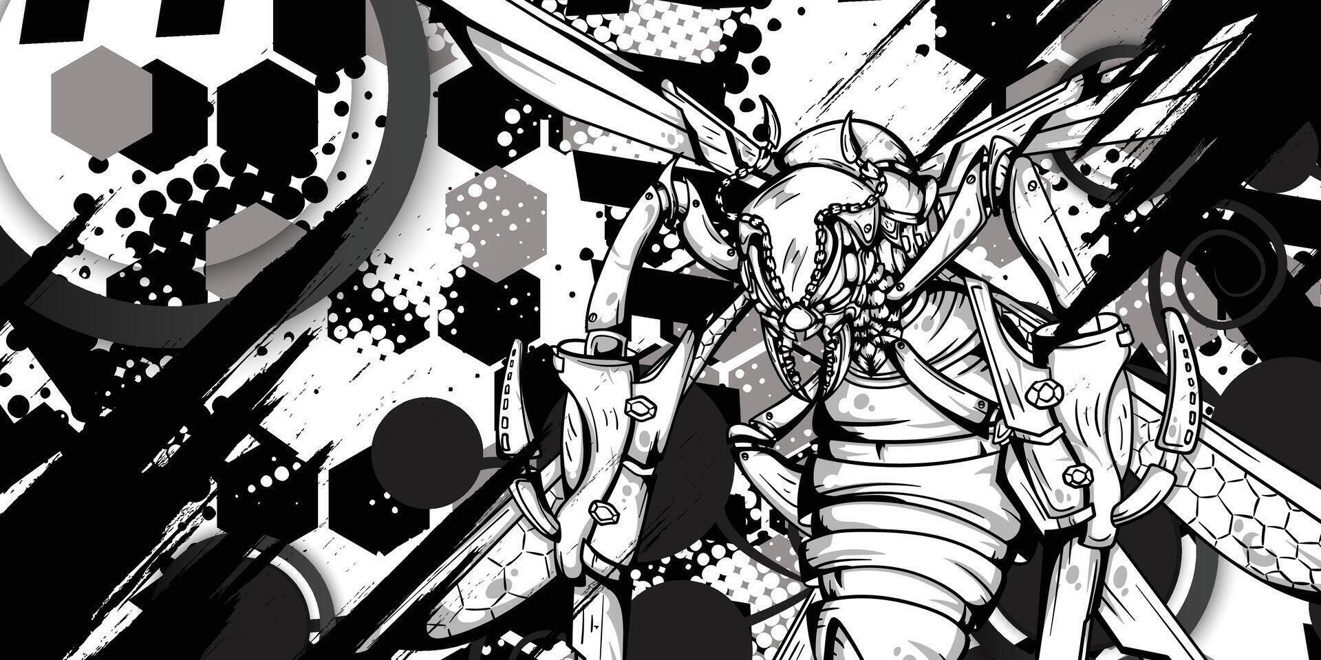 Illustration of a robot bee on a black and white abstract background vector