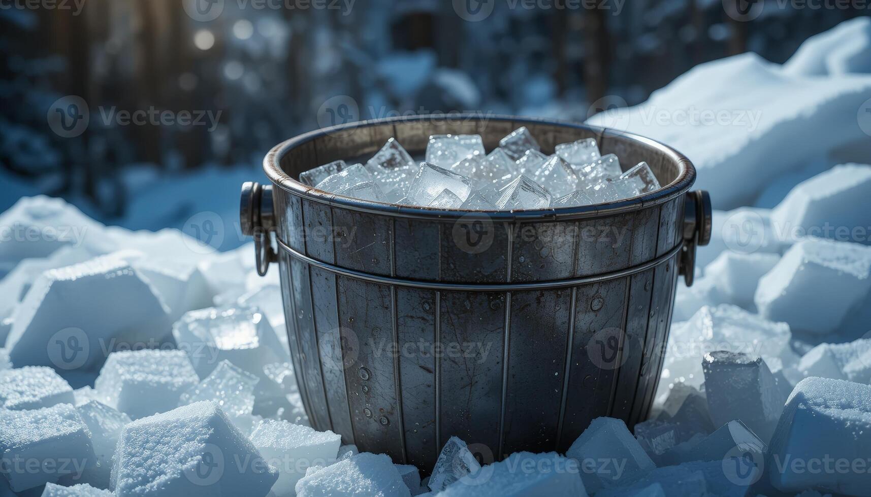 A metal bucket filled with crystal-clear ice is surrounded by snow, creating a refreshing atmosphere, perfect for beverage promotions or event planning in winter settings. photo
