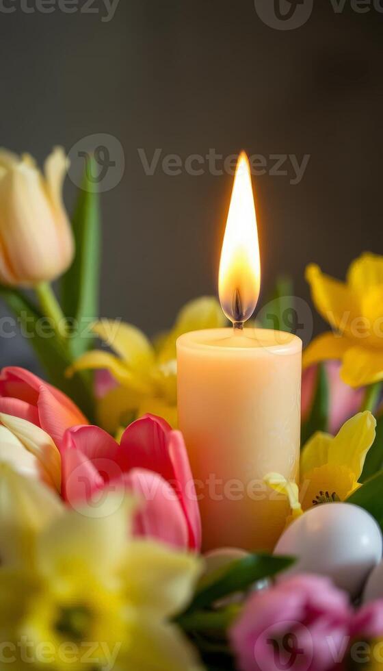 A lit candle surrounded by blooming tulips and daffodils, emanating a warm glow, ideal for creating a cozy atmosphere in spring-inspired decor. photo