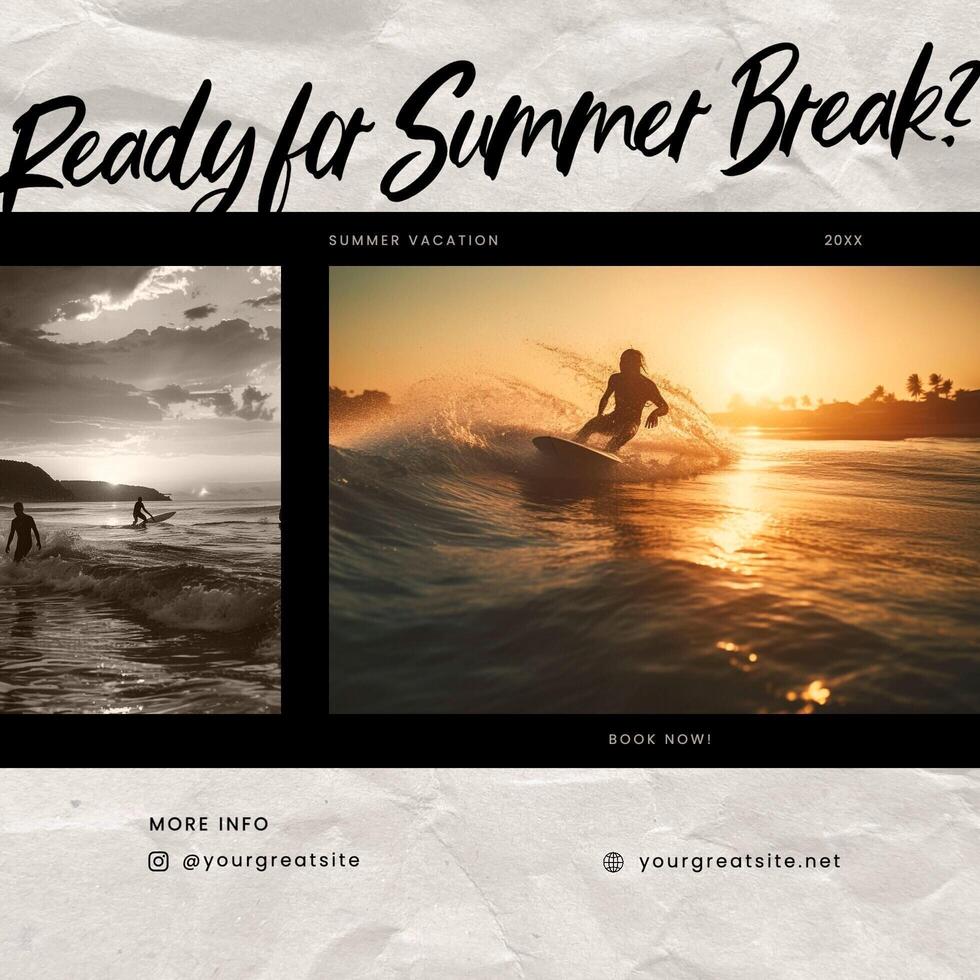 Summer Break Vacation Ad Post with Summer Sunset Surfing for Instagram template