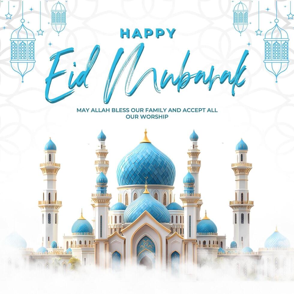 White Blue Mosque Happy Eid Mubarak Instagram Post template