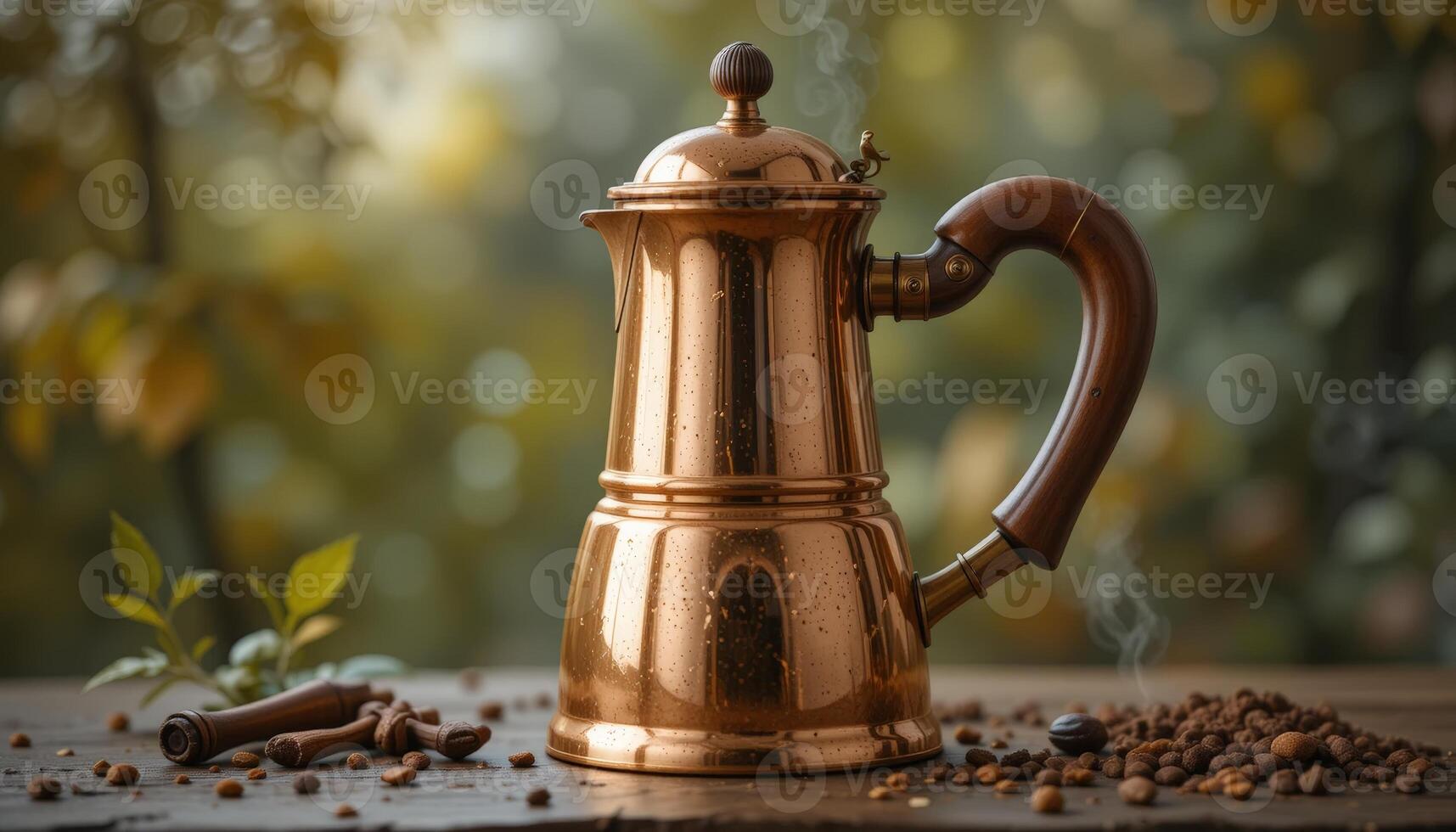 A gleaming copper coffee pot with a wooden handle emits steam as it brews coffee, creating a warm, inviting scene, perfect for coffee lovers, cafes, or lifestyle branding. photo
