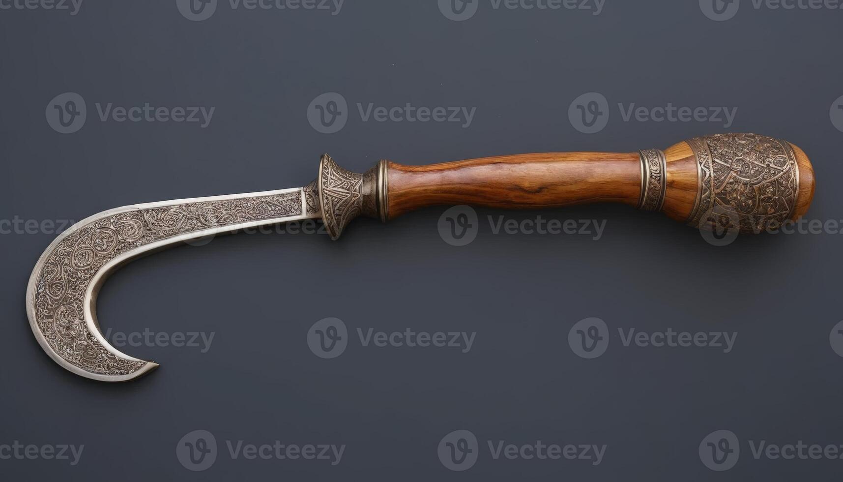 An ornate curved knife with an intricately designed metal handle and wooden grip rests against a dark background, showcasing its unique craftsmanship, ideal for collectors or culinary photo