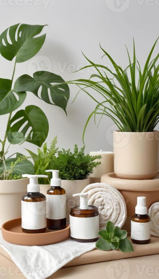 A serene setup of natural beauty products and plants, providing a relaxing and fresh atmosphere, ideal for wellness and skincare marketing. photo