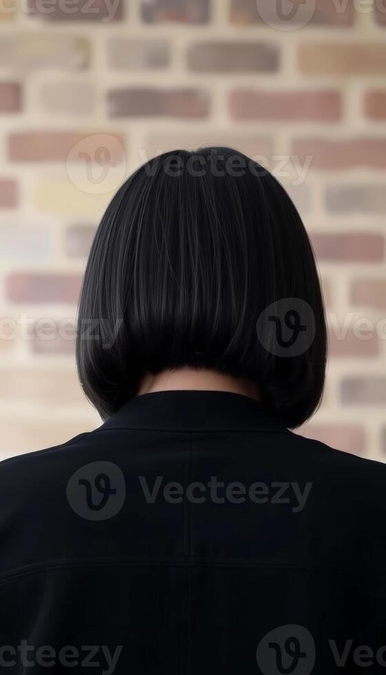 A sleek back view of a woman with neat black bob hair, styled elegantly, set against a rustic brick wall, perfect for showcasing fashion and modern hairstyles. photo