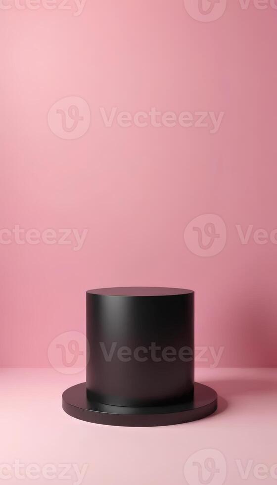 A clean display featuring a black cylindrical platform on a textured pink background, ideal for product displays, branding, or creative showcases in various contexts. photo