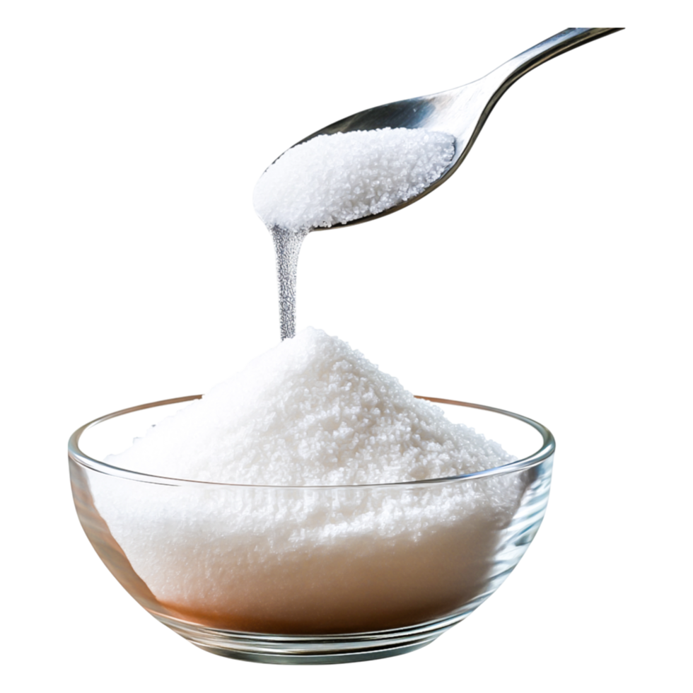 Granulated White Sugar in a Glass Bowl with a Spoon Pouring Sugar png
