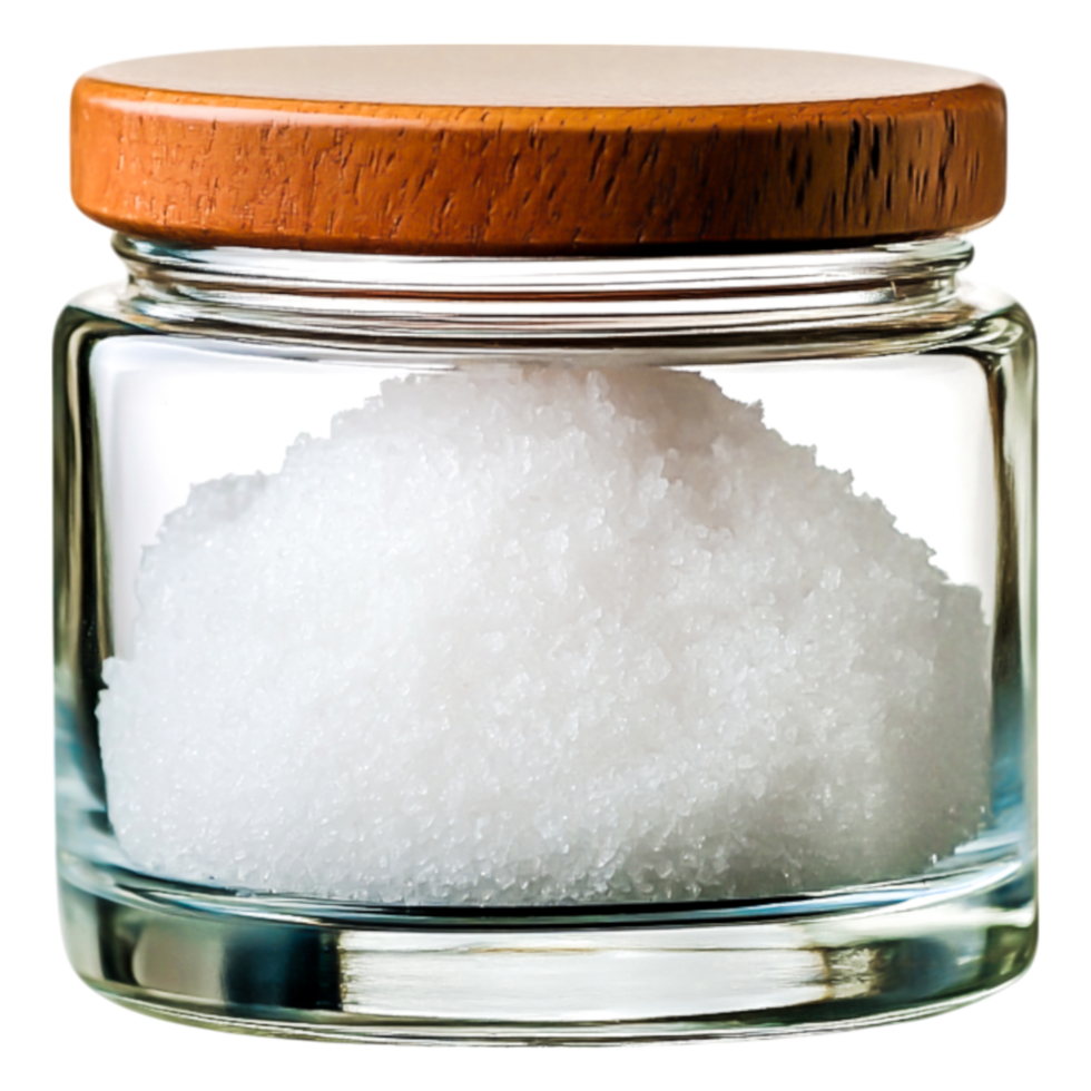 Glass Jar with White Sugar Granules and Wooden Lid Displayed png