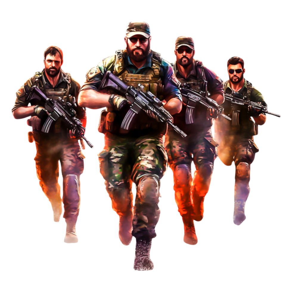 Action-packed Military Team Advancing with Weapons in Combat Scenarios png