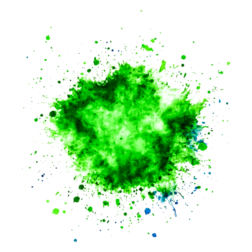 Vibrant Green Watercolor Splash with Blue Accents on Black Background png