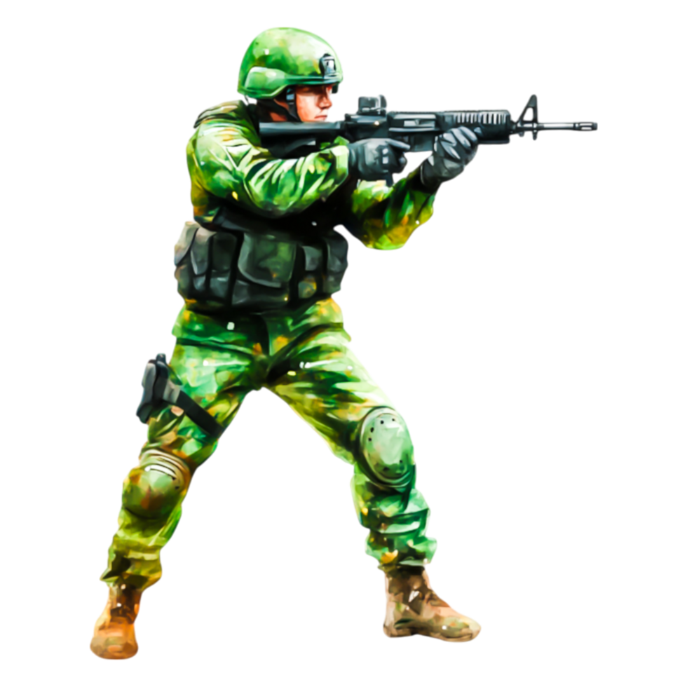 Soldier in Camouflage Uniform Aiming with Rifle in Combat Position png