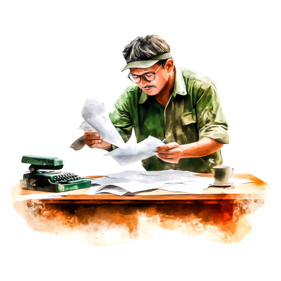 Vintage Writer at Desk Reviewing Papers with Typewriter and Coffee png