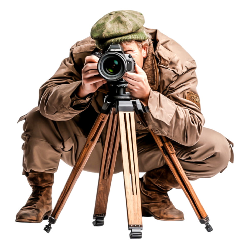 Photographer with Camera on Tripod Capturing Nature Scene Outdoors png