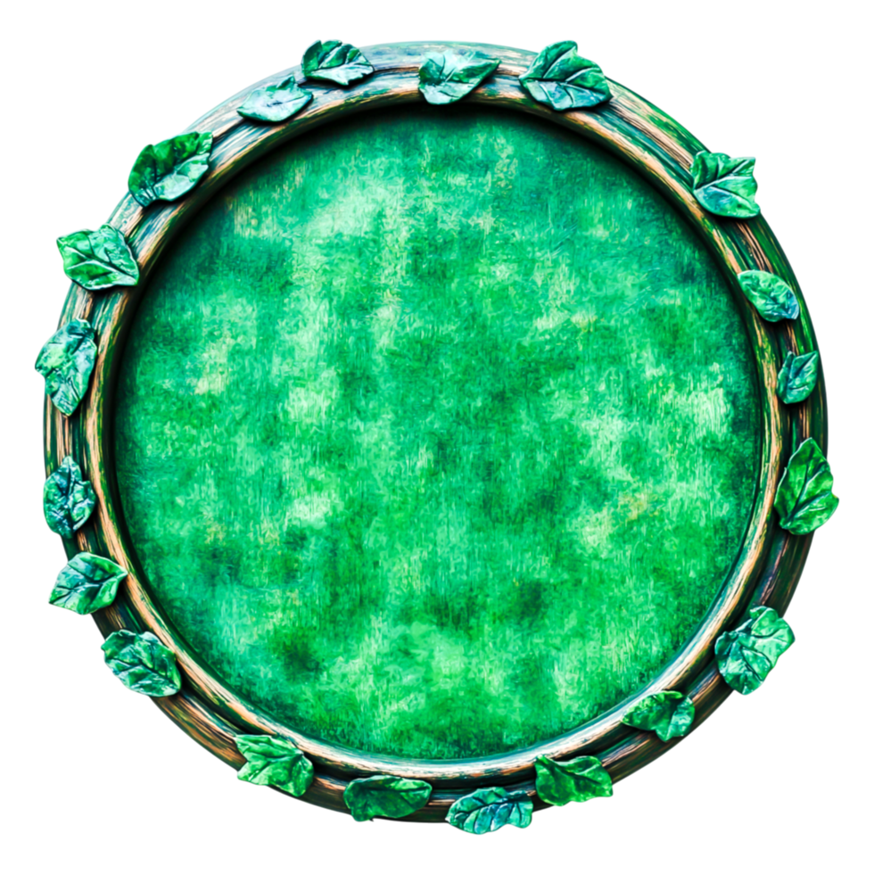 Green Circular Frame with Decorative Leaves and Twisted Wood Texture png