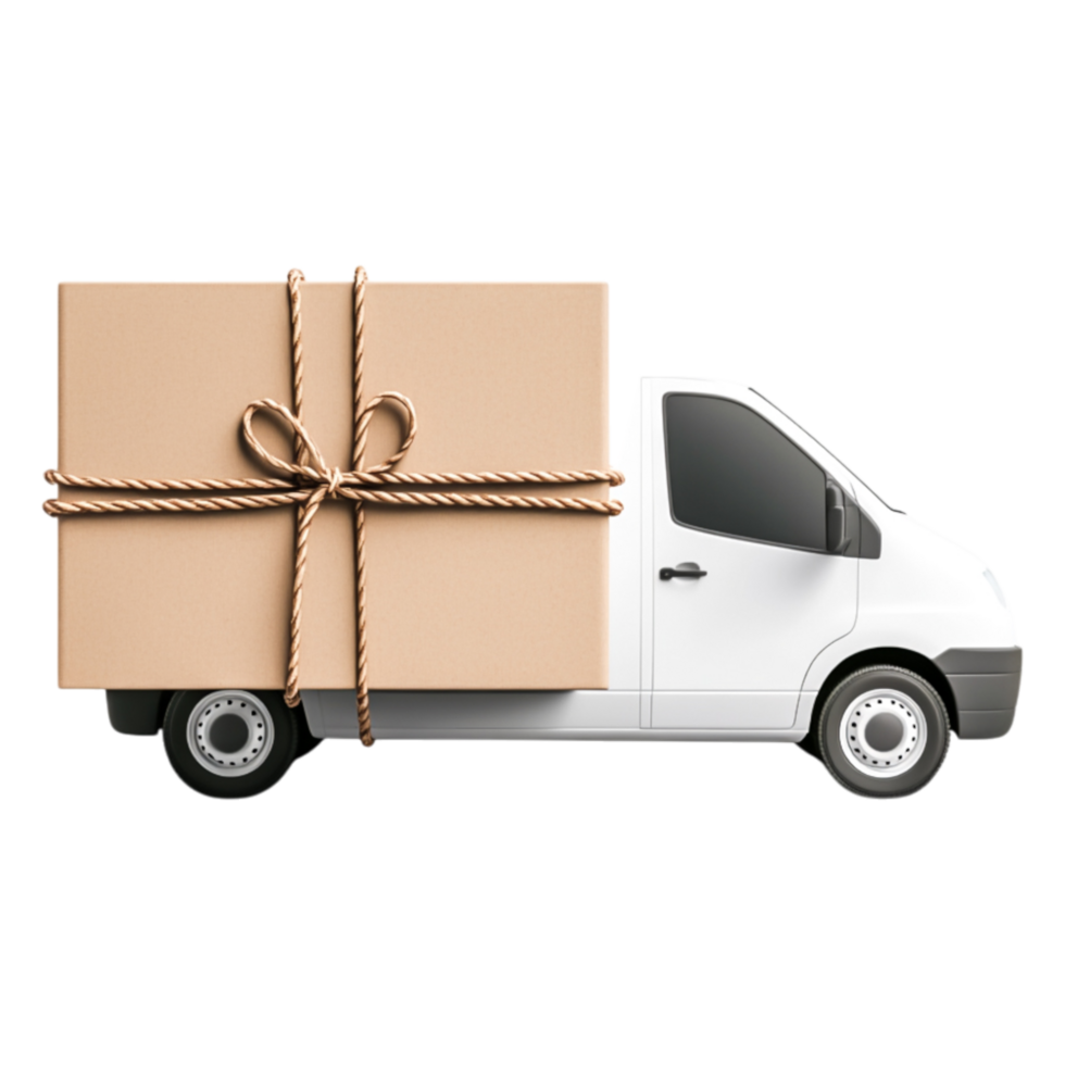 Delivery Van with Large Box Tied with Ribbon in Side View png