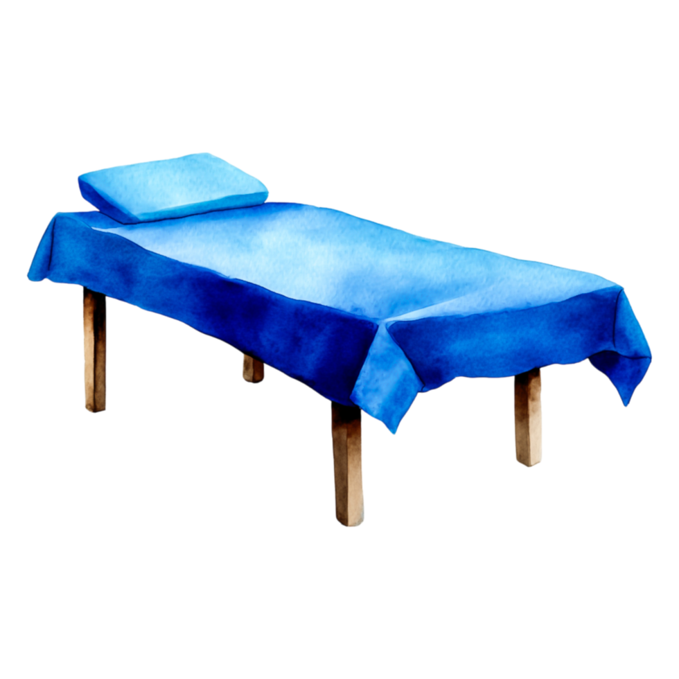Blue Massage Table with Cushion on Wooden Legs in a Calm Setting png