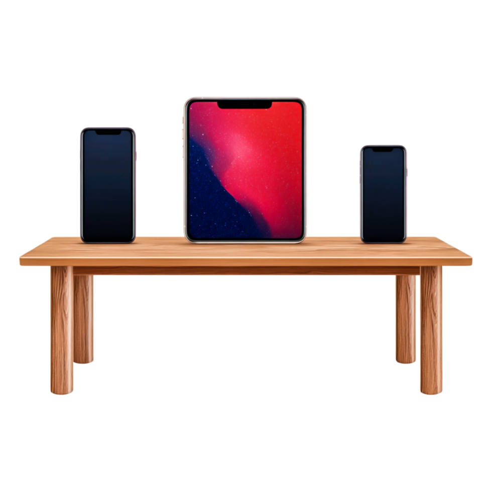 Modern Table Displaying Multiple Smartphones and a Tablet on Wood png