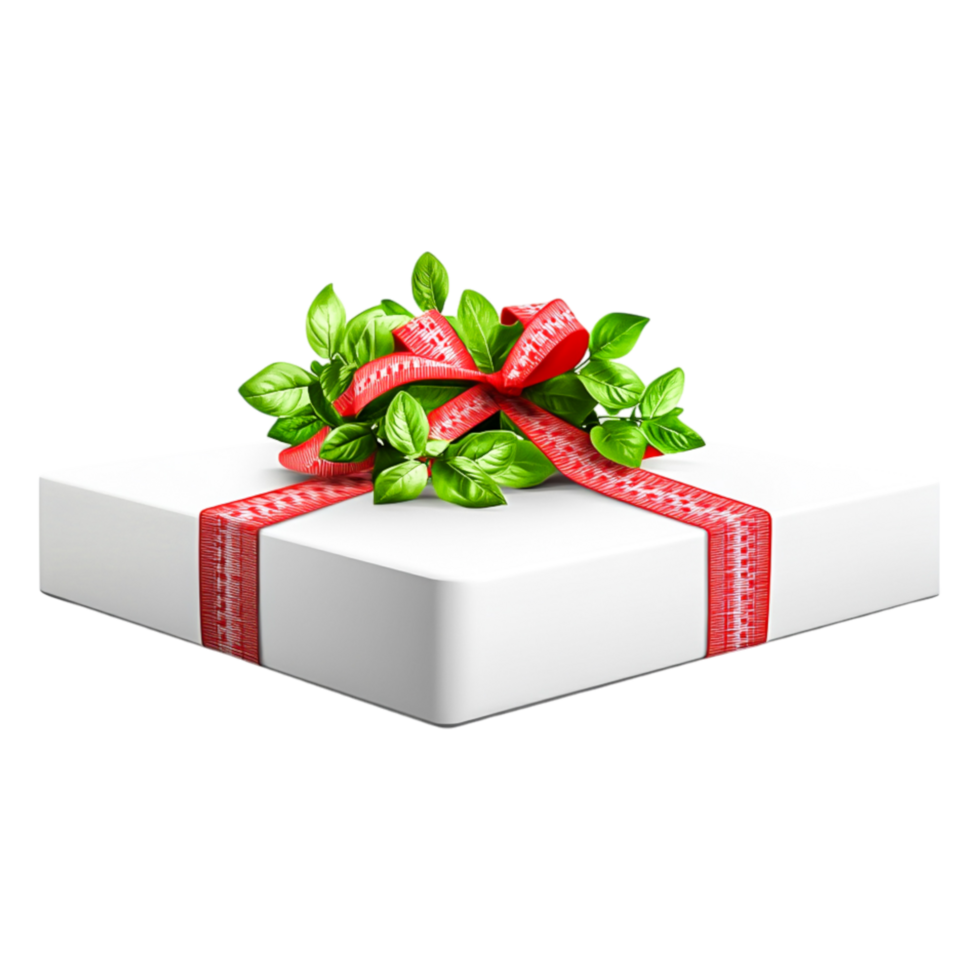 Elegant white gift box with red ribbon and green foliage decoration png