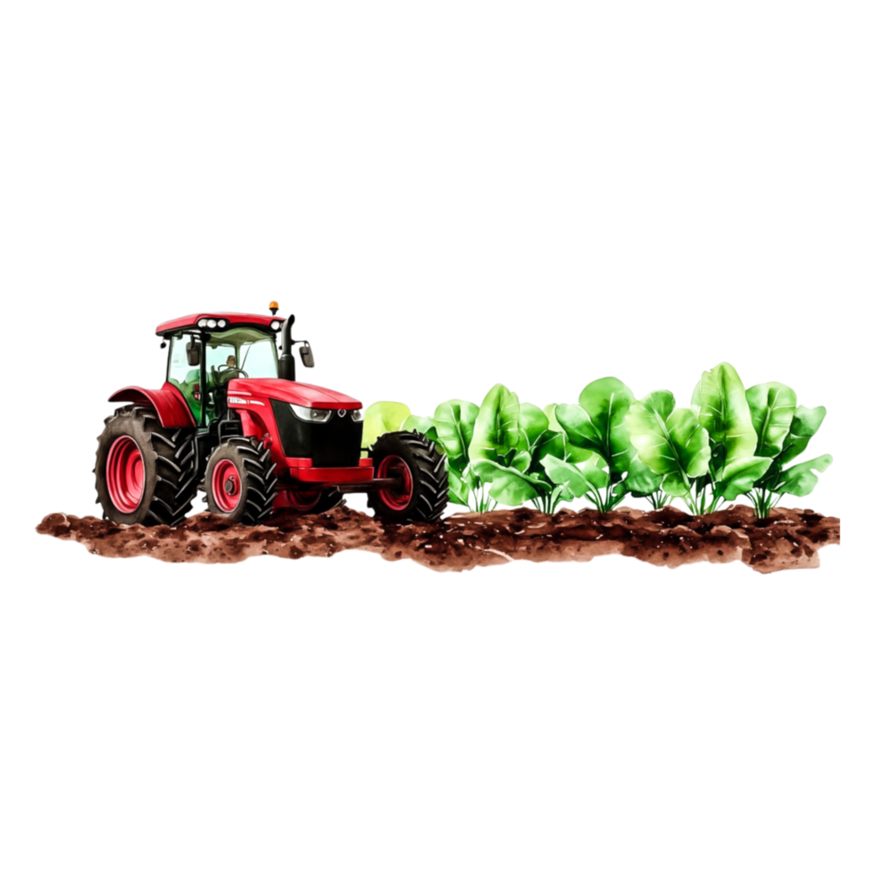 Red Tractor in Field Tilling Soil with Young Green Plants Nearby png