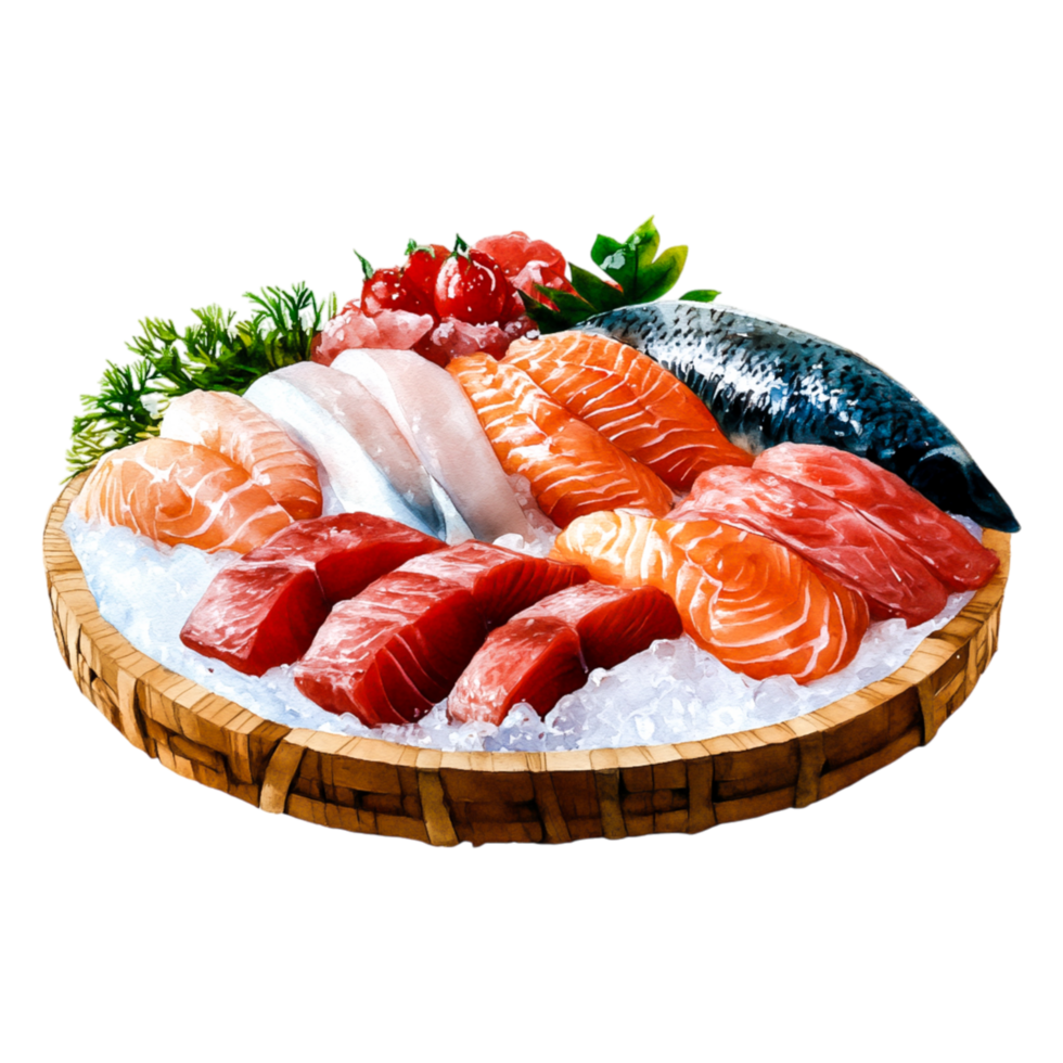 Fresh and Colorful Assortment of Sushi and Sashimi on Ice png