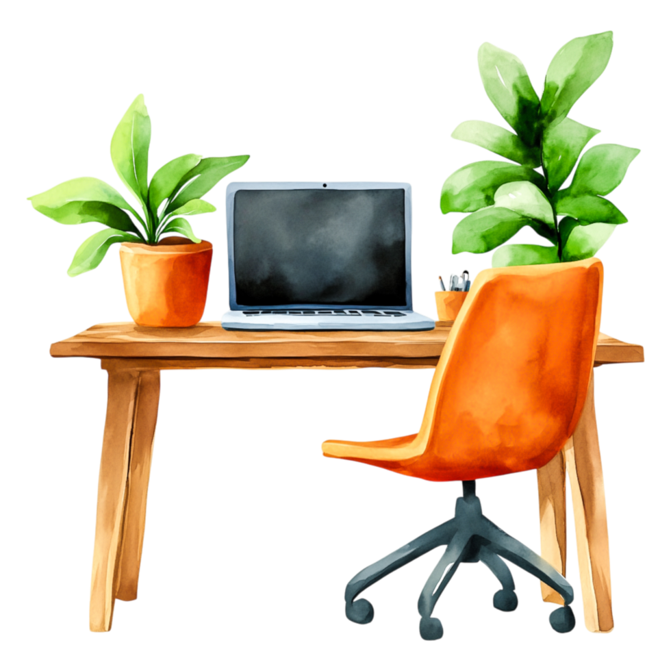 Modern Workspace with Laptop, Plants, and Stylish Chair Design png