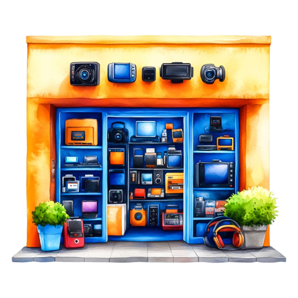 Colorful Electronics Storefront Displaying Modern Gadgets and Devices png