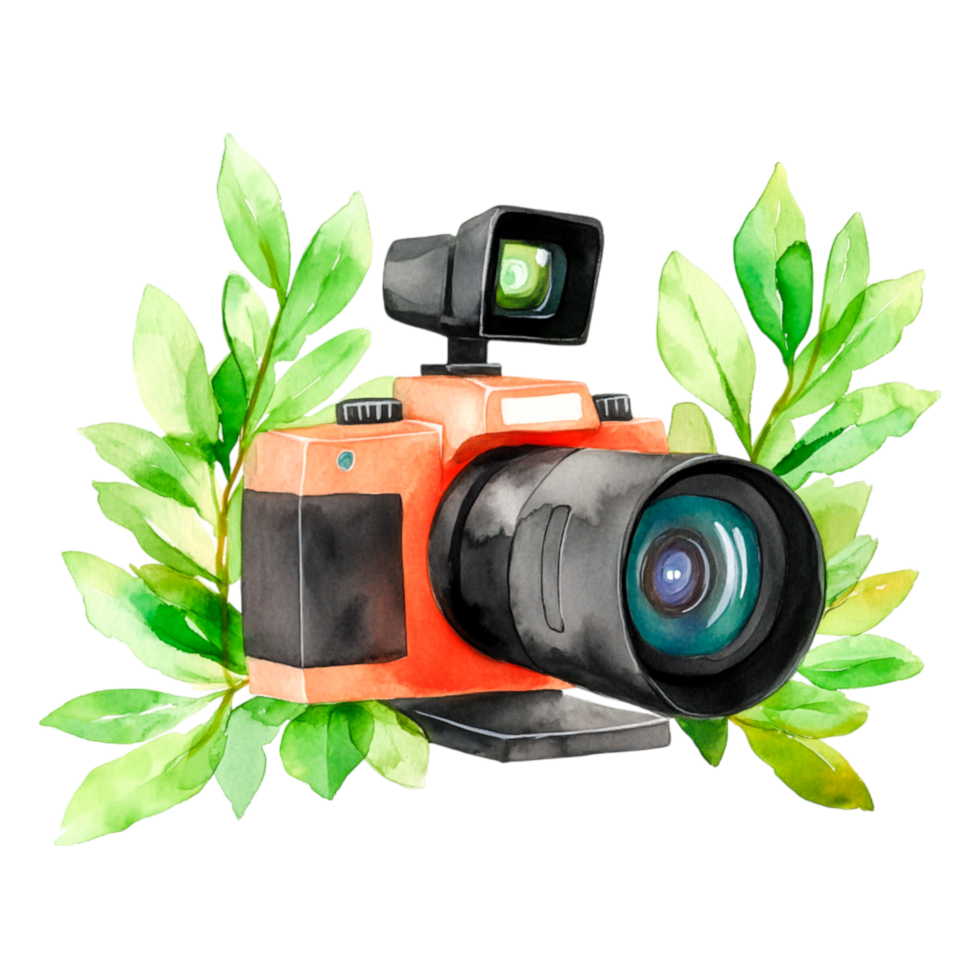 Vintage Camera Surrounded by Fresh Green Leaves and Foliage Design png