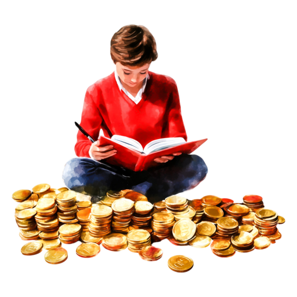 Young Boy Reading with Coins Piled Around Him in Vibrant Scene png