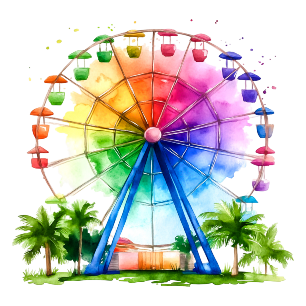Vibrant Watercolor Ferris Wheel Surrounded by Lush Greenery png