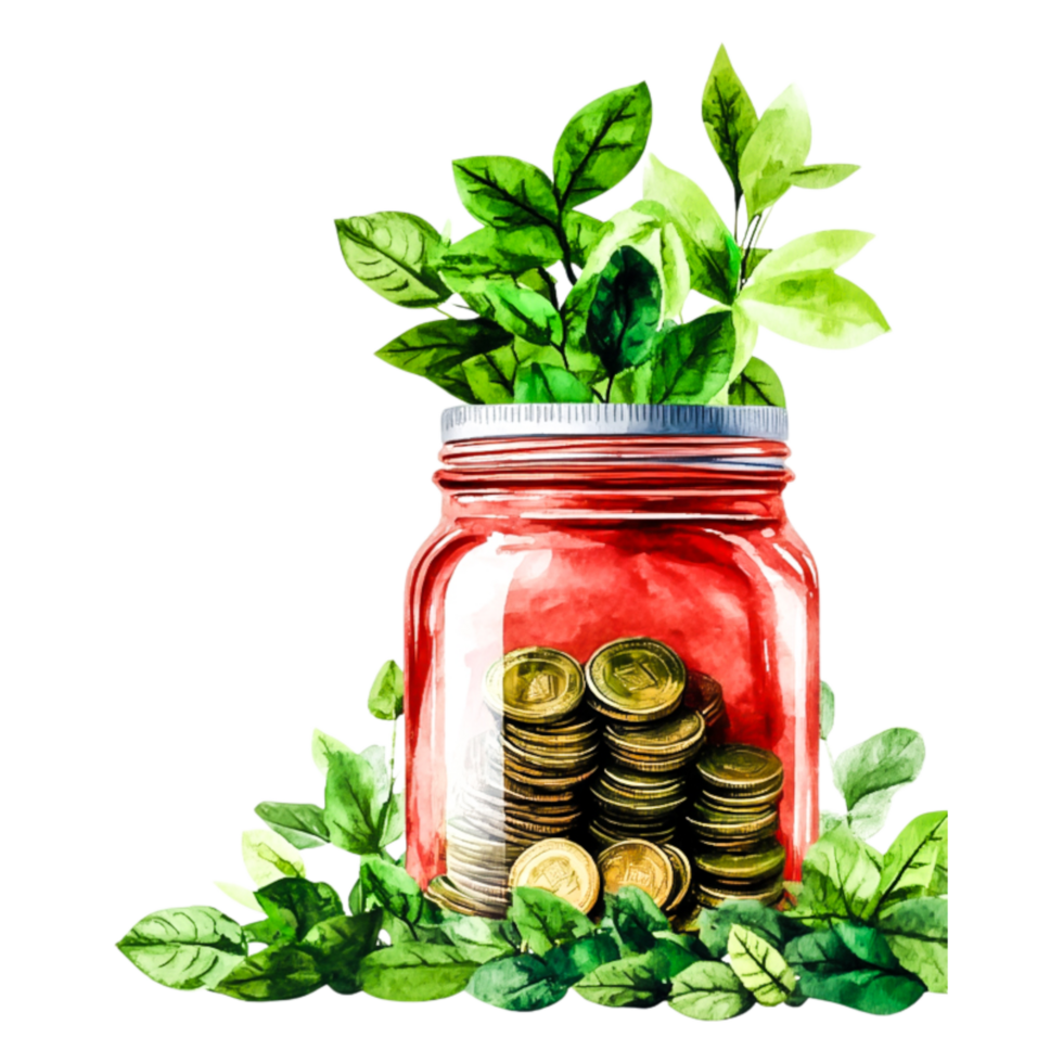 Glass jar filled with coins and green plants png