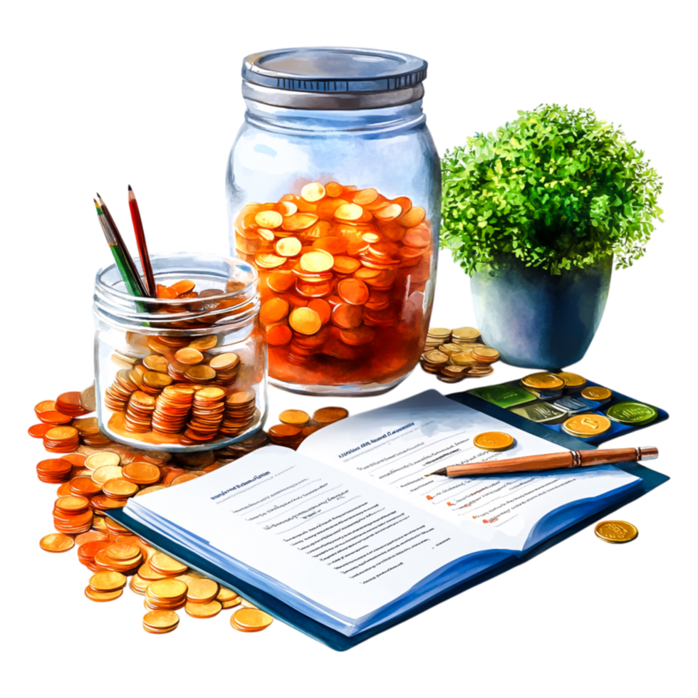 Financial Planning Tools with Coins, Plants, and Books on Tabletop png