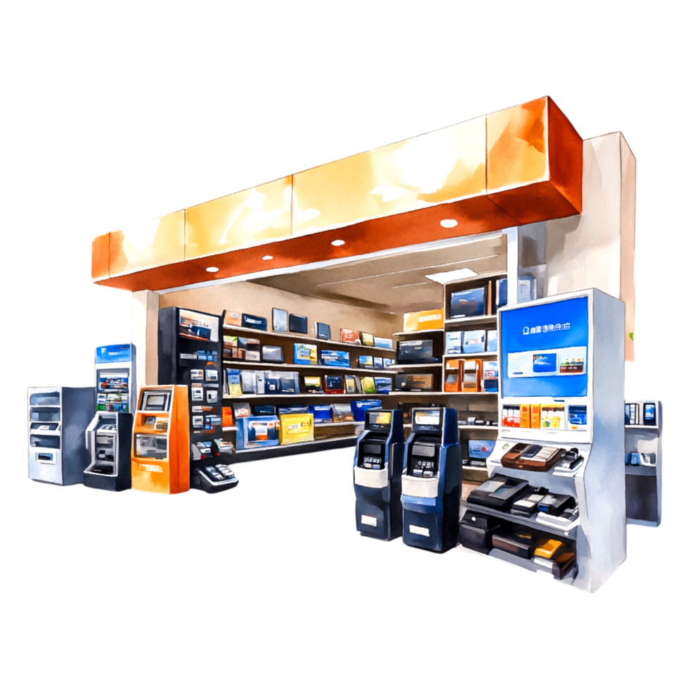 Modern Retail Store Interior with Digital Kiosks and Payment Machines png