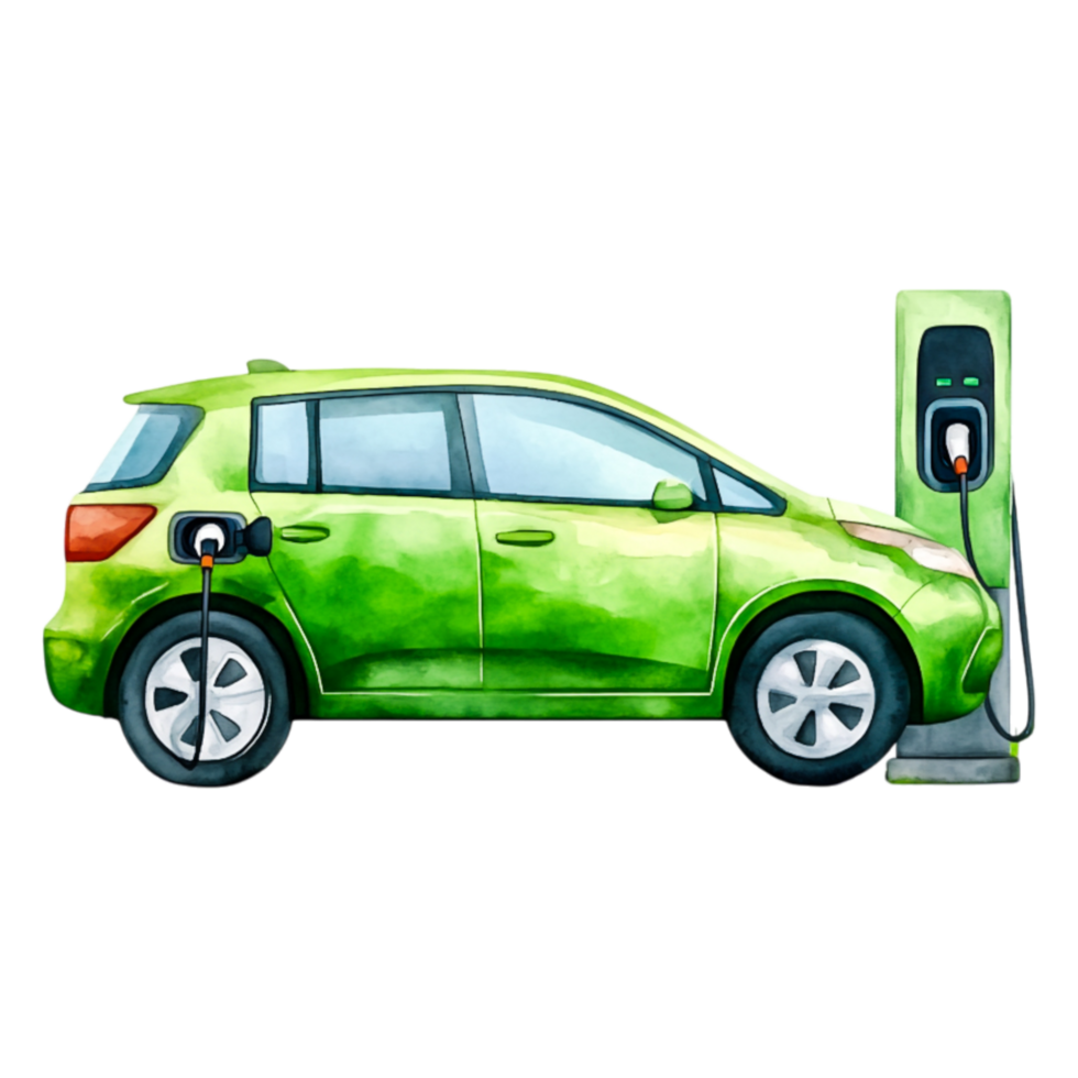 Bright Green Electric Car at Charging Station in Artistic Style png