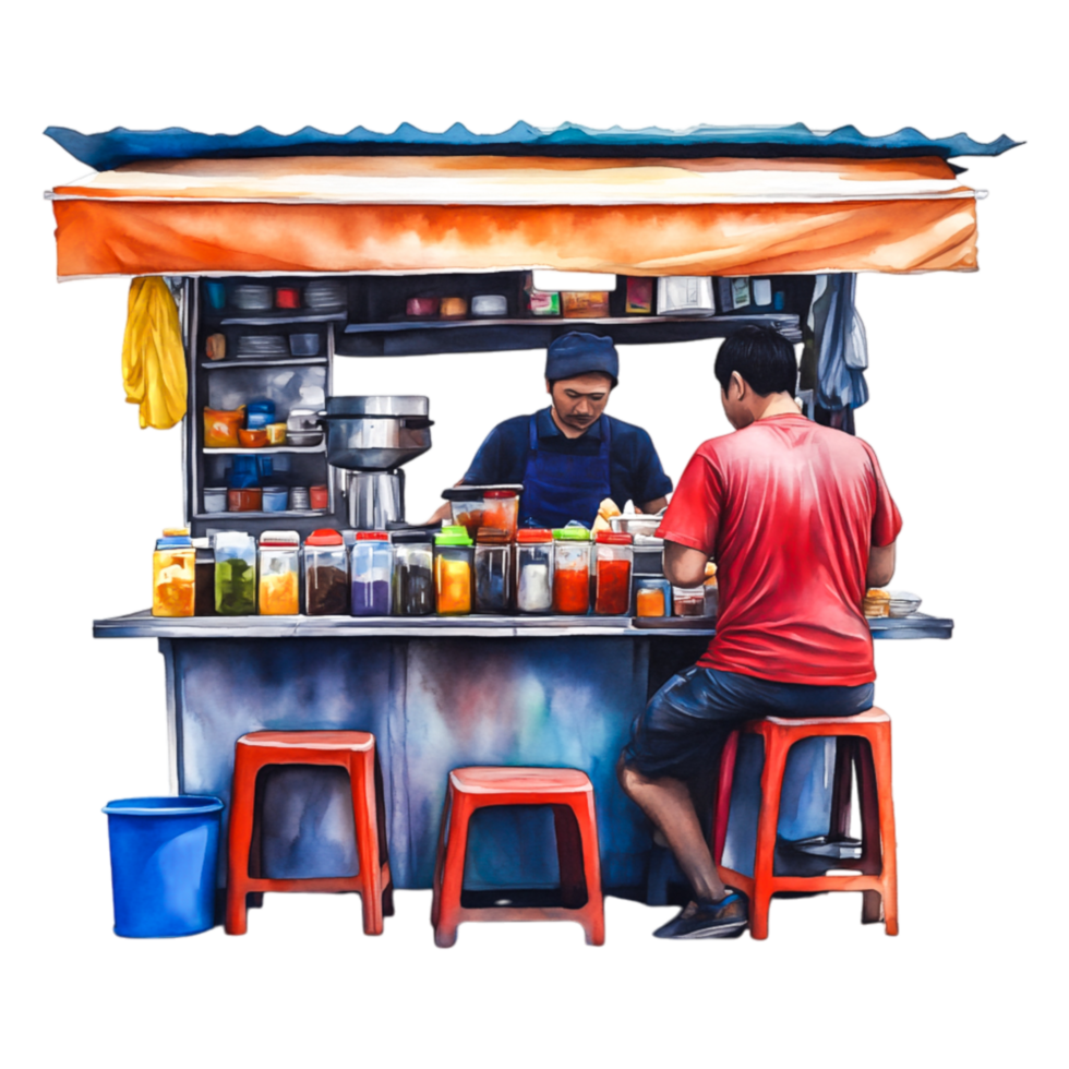 Vibrant Street Food Stall with Vendor and Customer in Action png