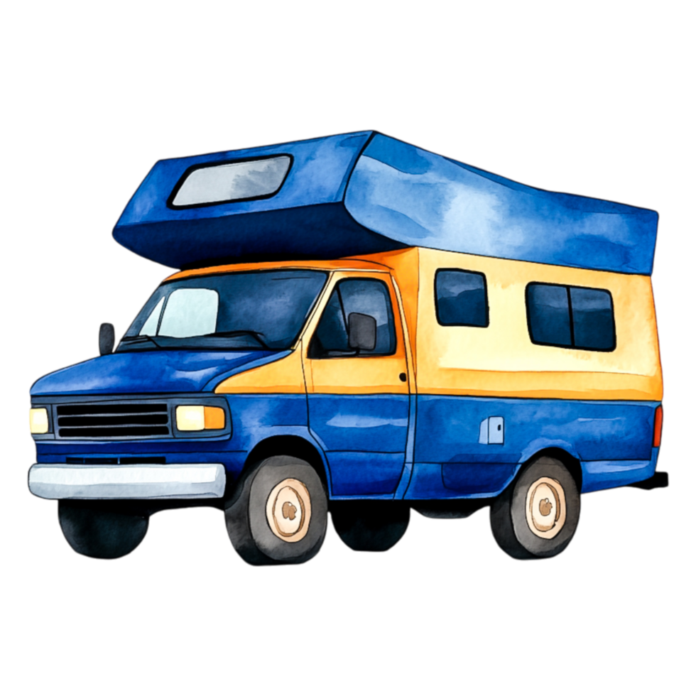 Colorful Watercolor Vintage Camper Van in Bright Blue and Yellow png