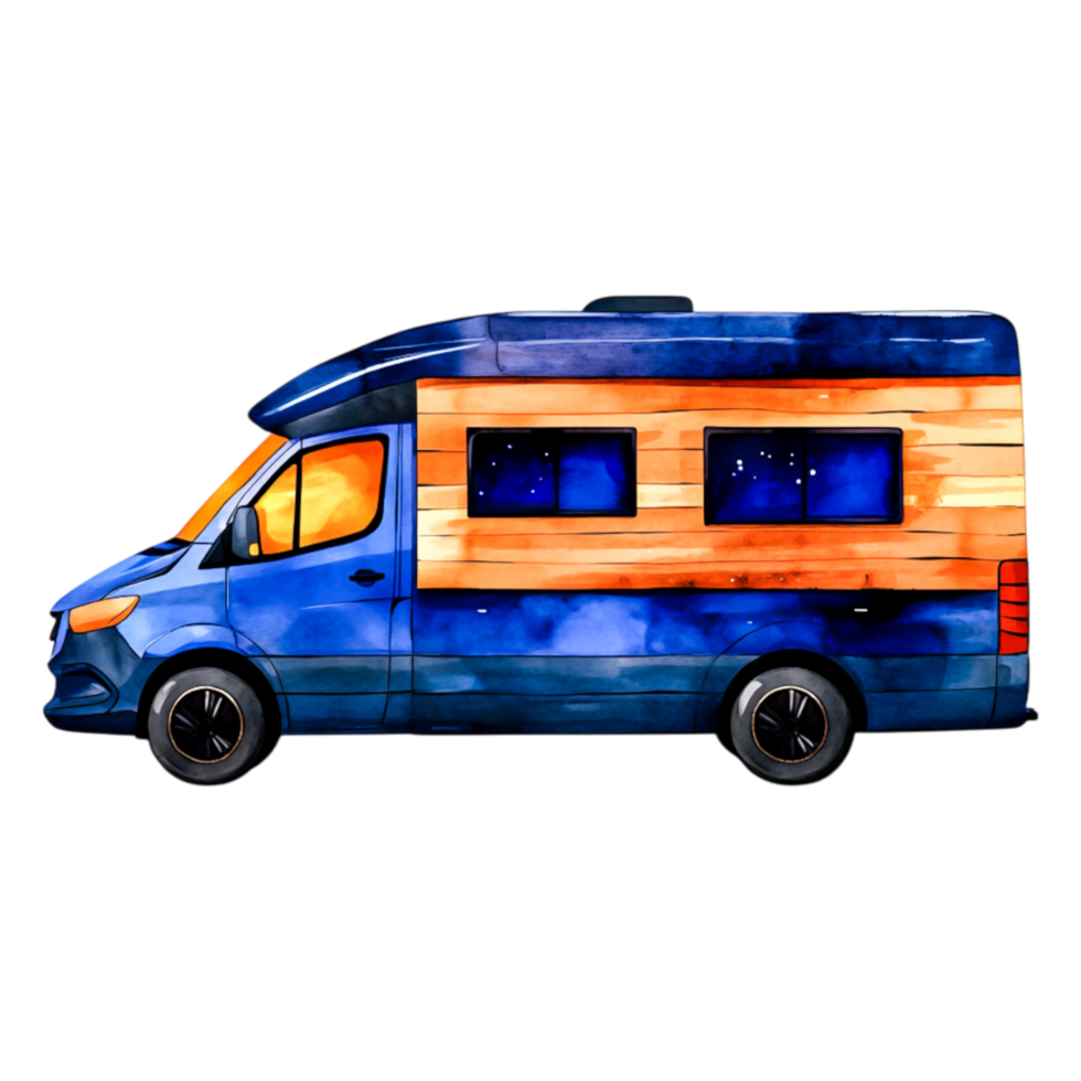 Colorful Watercolor Illustration of a Camper Van in Side View png