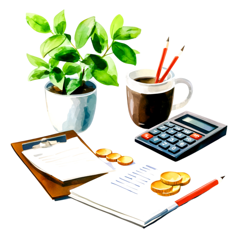 Workspace with Plant, Coffee, Calculator, and Business Documents png