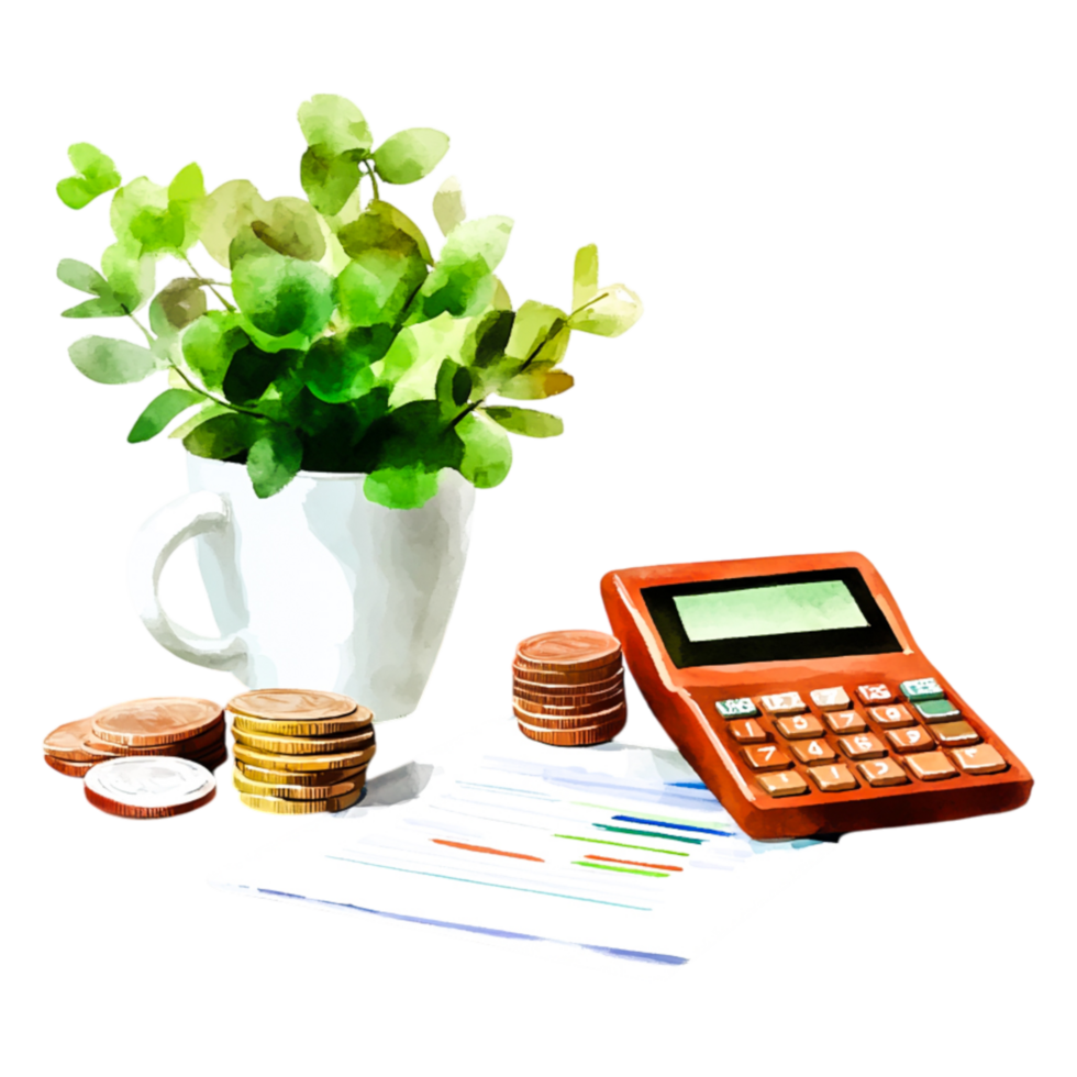 Desk Arrangement with Calculator, Coins, Plant, and Paper Sheets png