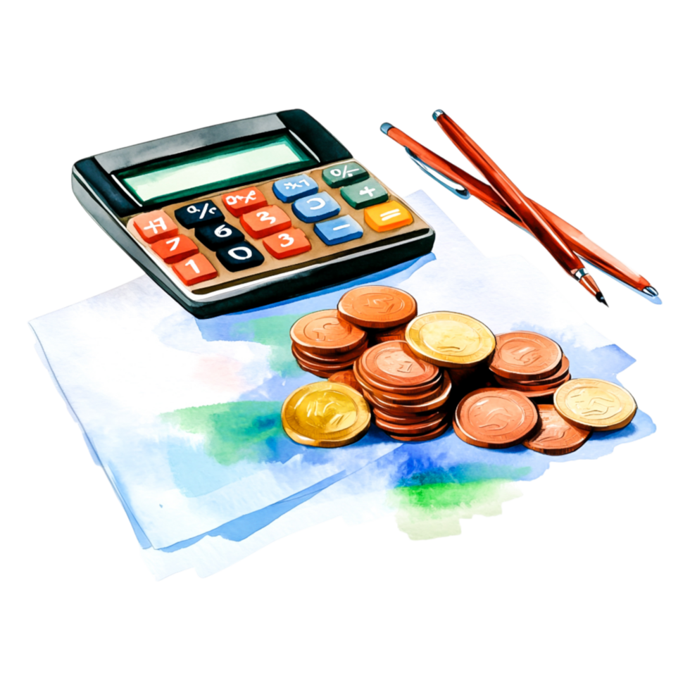 Calculator, coins, and papers on a table for financial analysis png