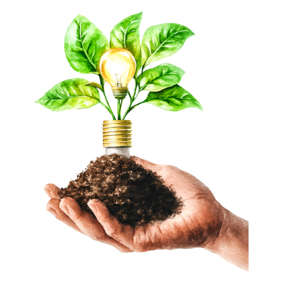 Hand Holding Soil with Light Bulb and Green Plant Concept of Growth png