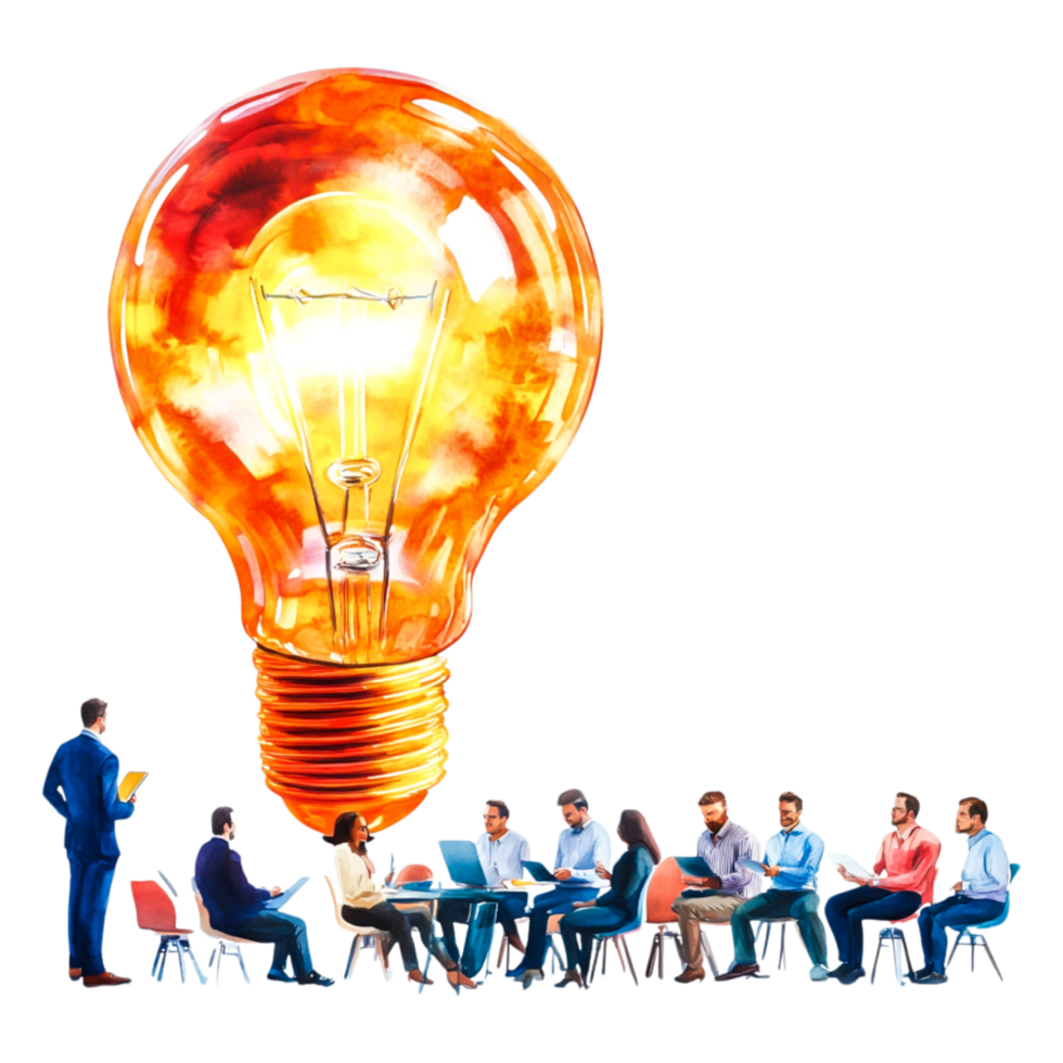 Creative brainstorming session with illuminated light bulb concept png