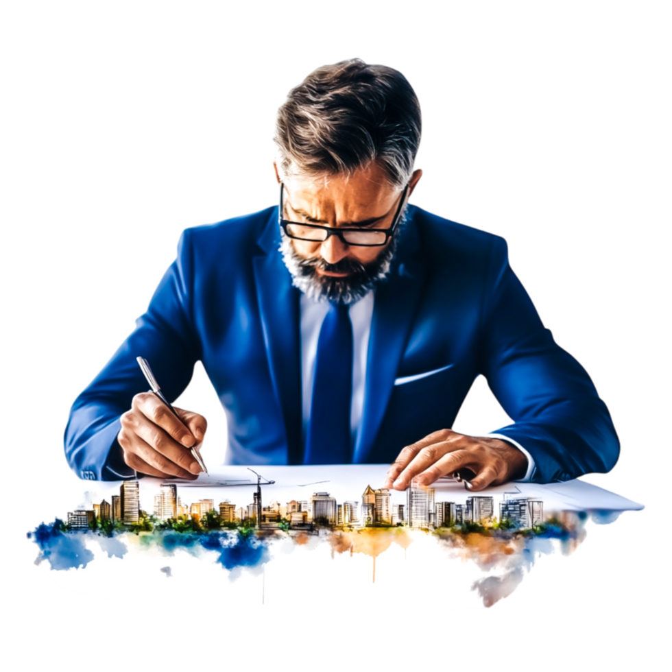 Businessman in Suit Holding Pen While Creating Urban Design Concept png