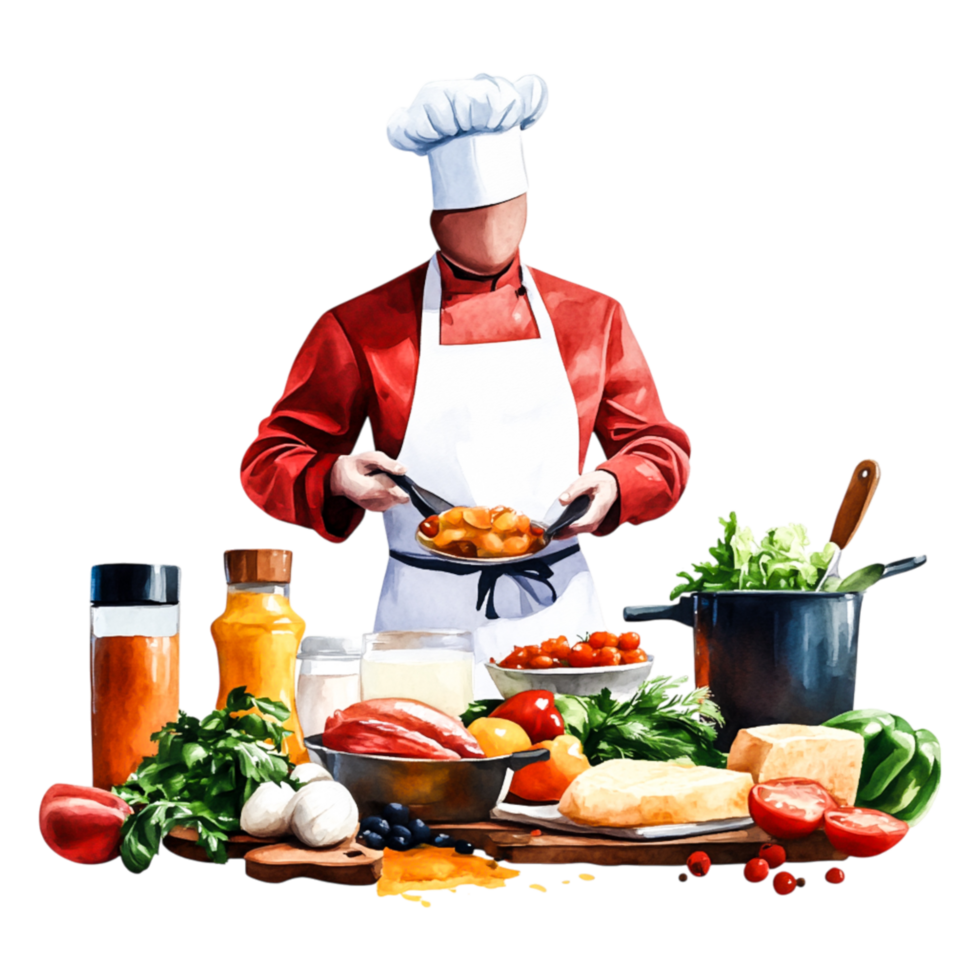 Chef in Red Uniform Preparing Fresh Ingredients for Cooking png