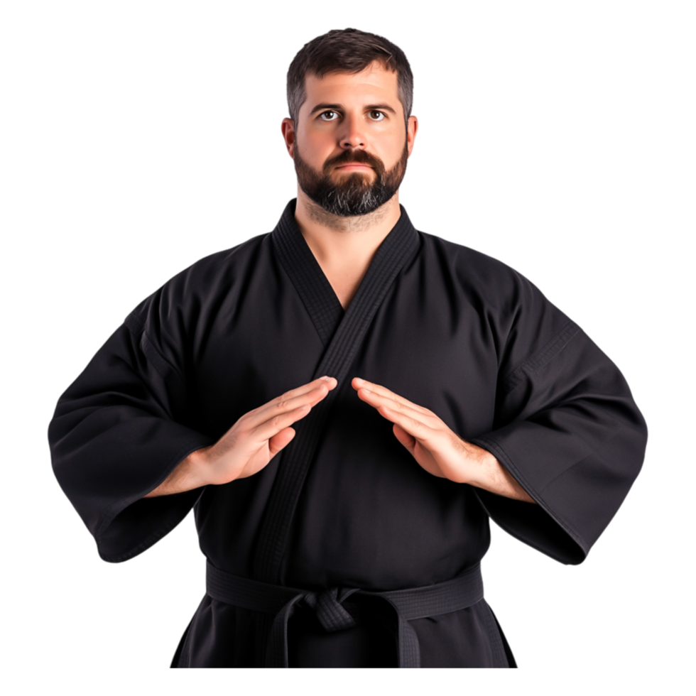 Focused Martial Artist in Black Gi with Calm Expression png