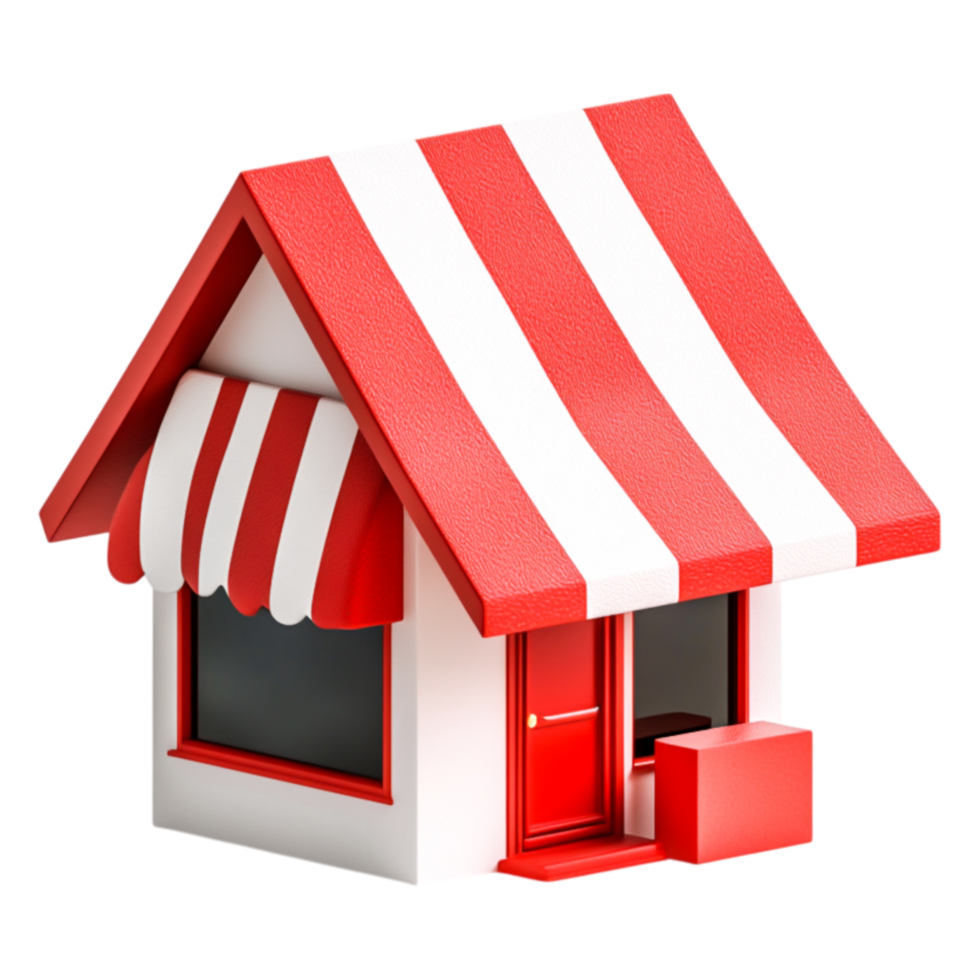 Playful Cartoon Style House with Red and White Striped Awning png