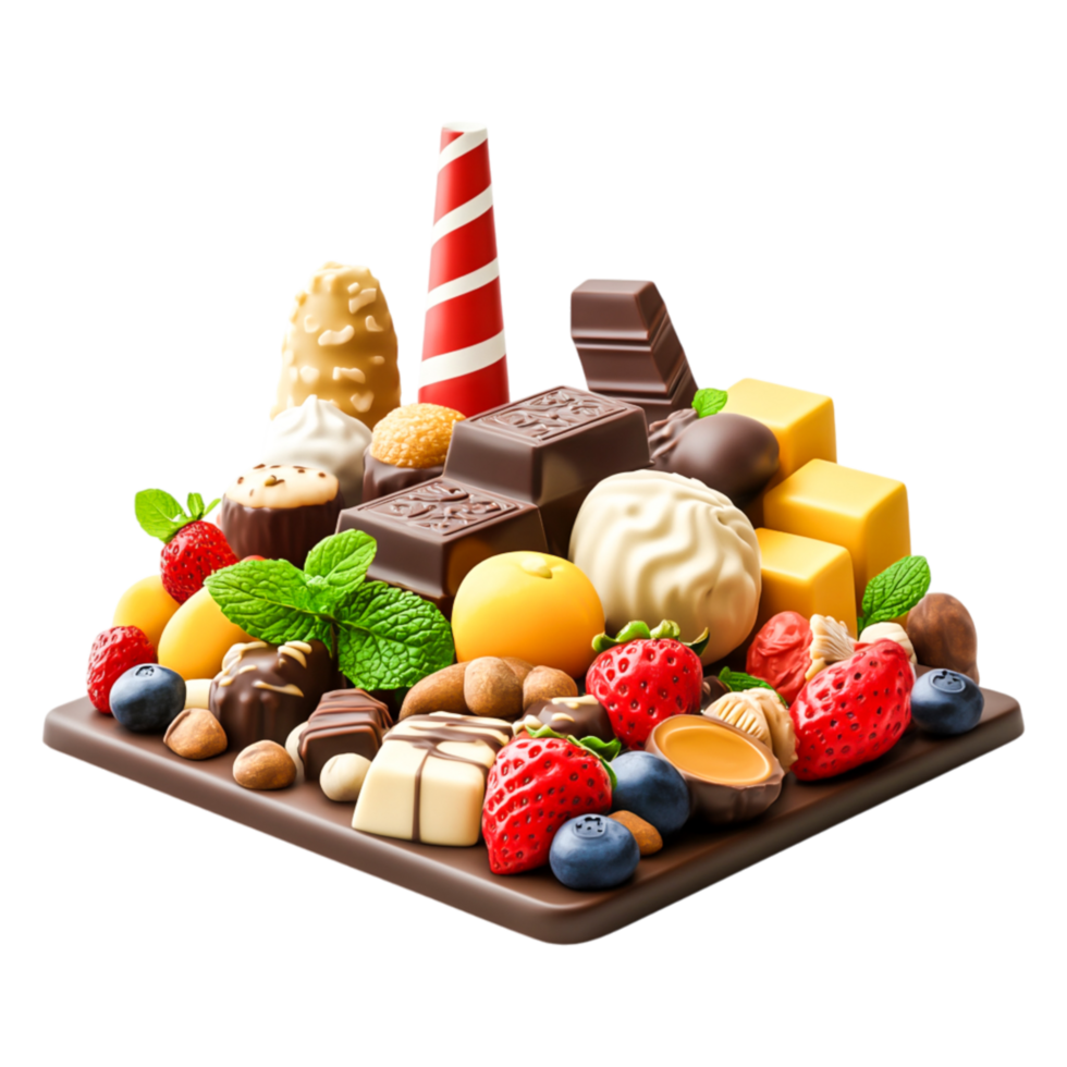 Colorful Assortment of Chocolates and Fresh Fruits Laid Out Nicely png