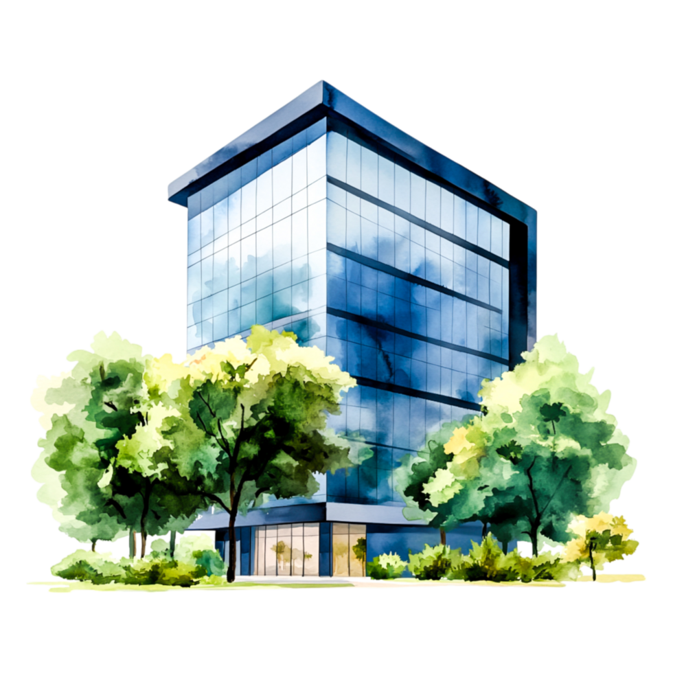 Modern Glass Office Building Surrounded by Lush Greenery png