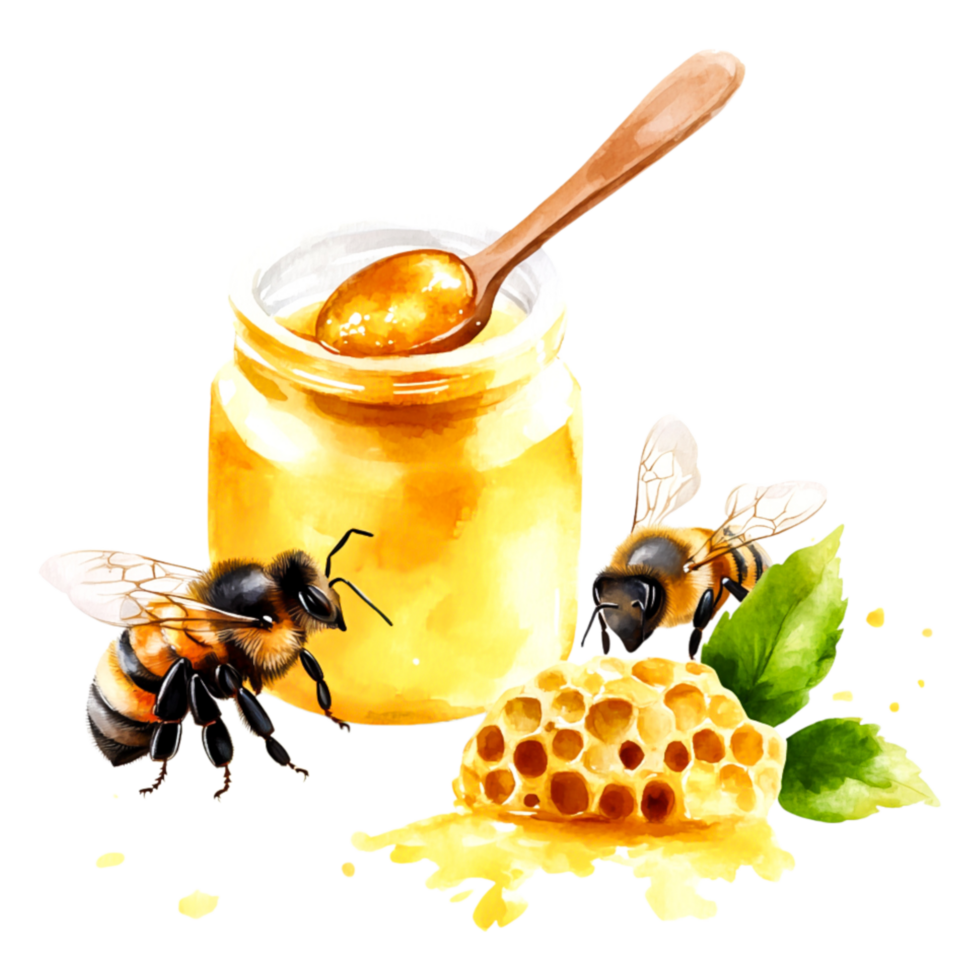 Honey Jar with Bees and Honeycomb in Vibrant Watercolor Style png