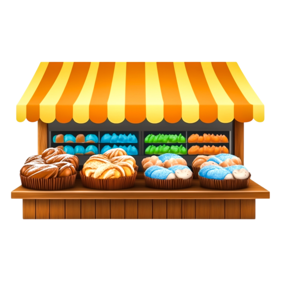 Colorful Bakery Stall with Assorted Pastries and Baked Goods Display png