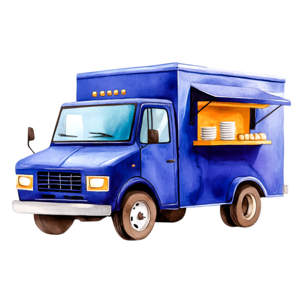 Colorful Food Truck with Open Serving Window and Plates Displayed png